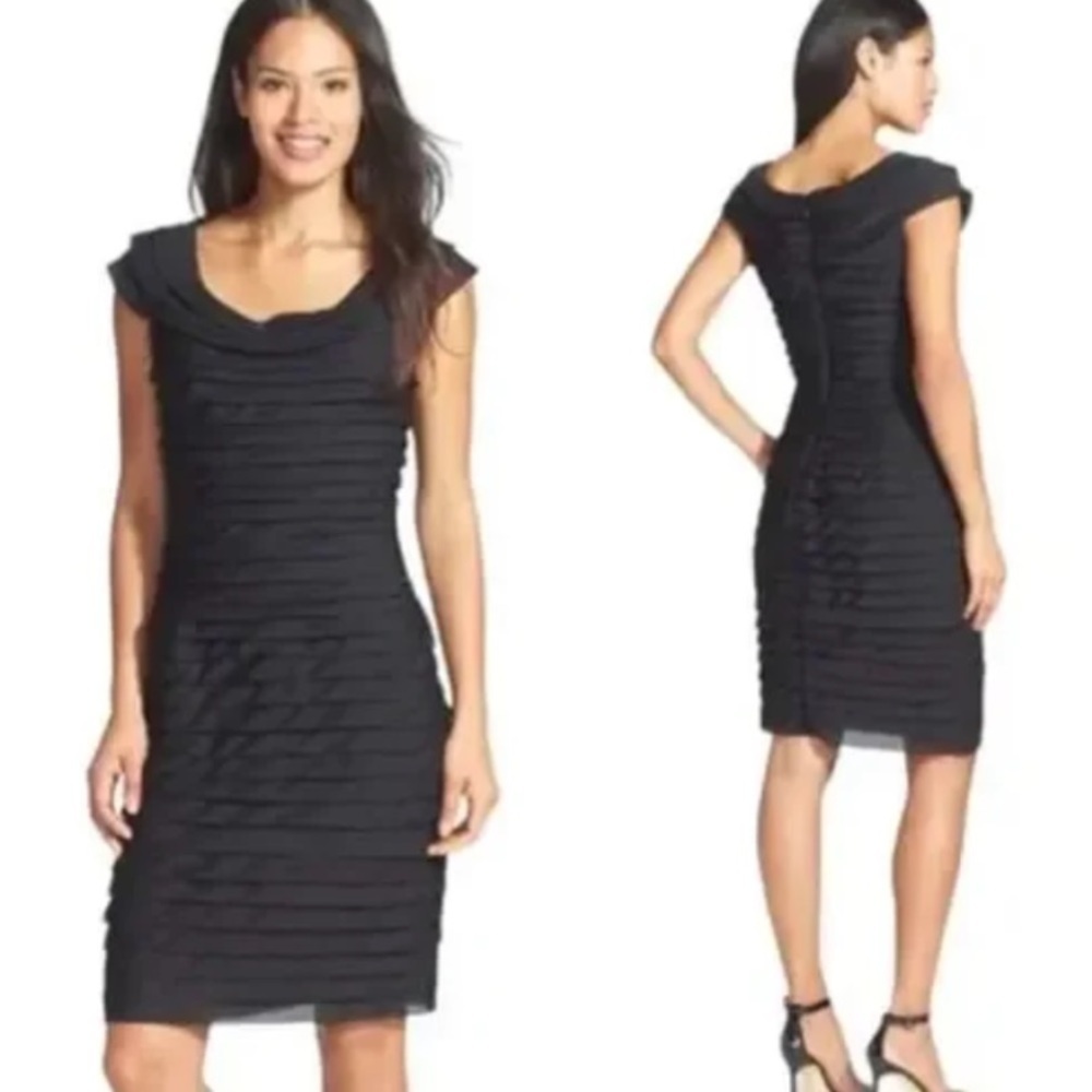 Adrianna Papell Women 10 Navy Blue Layered Tiered Cap Sleeve Sheath Dress NWT